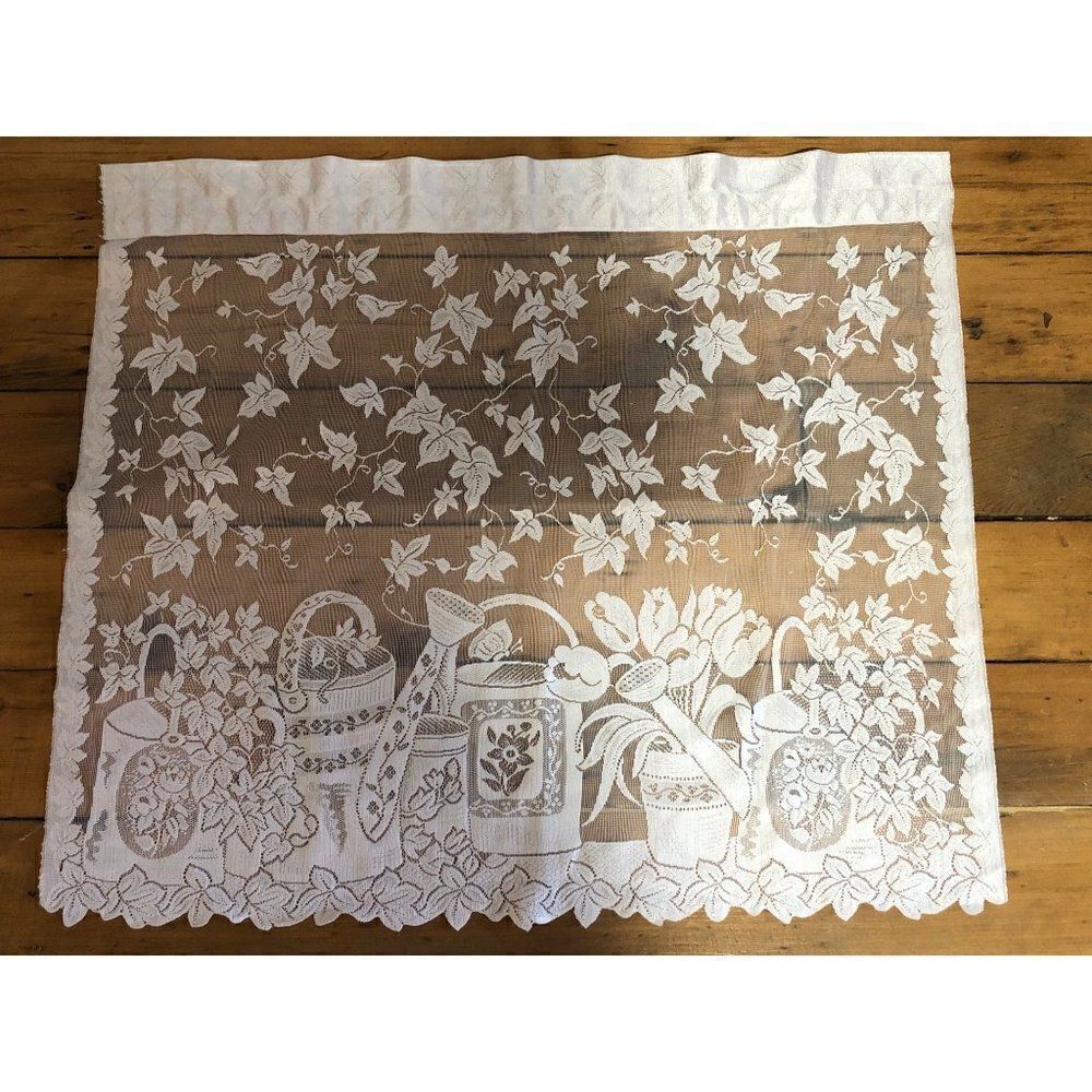 Vintage Windows Tier Curtain Panel Watercan White 28” wide  x 24”long